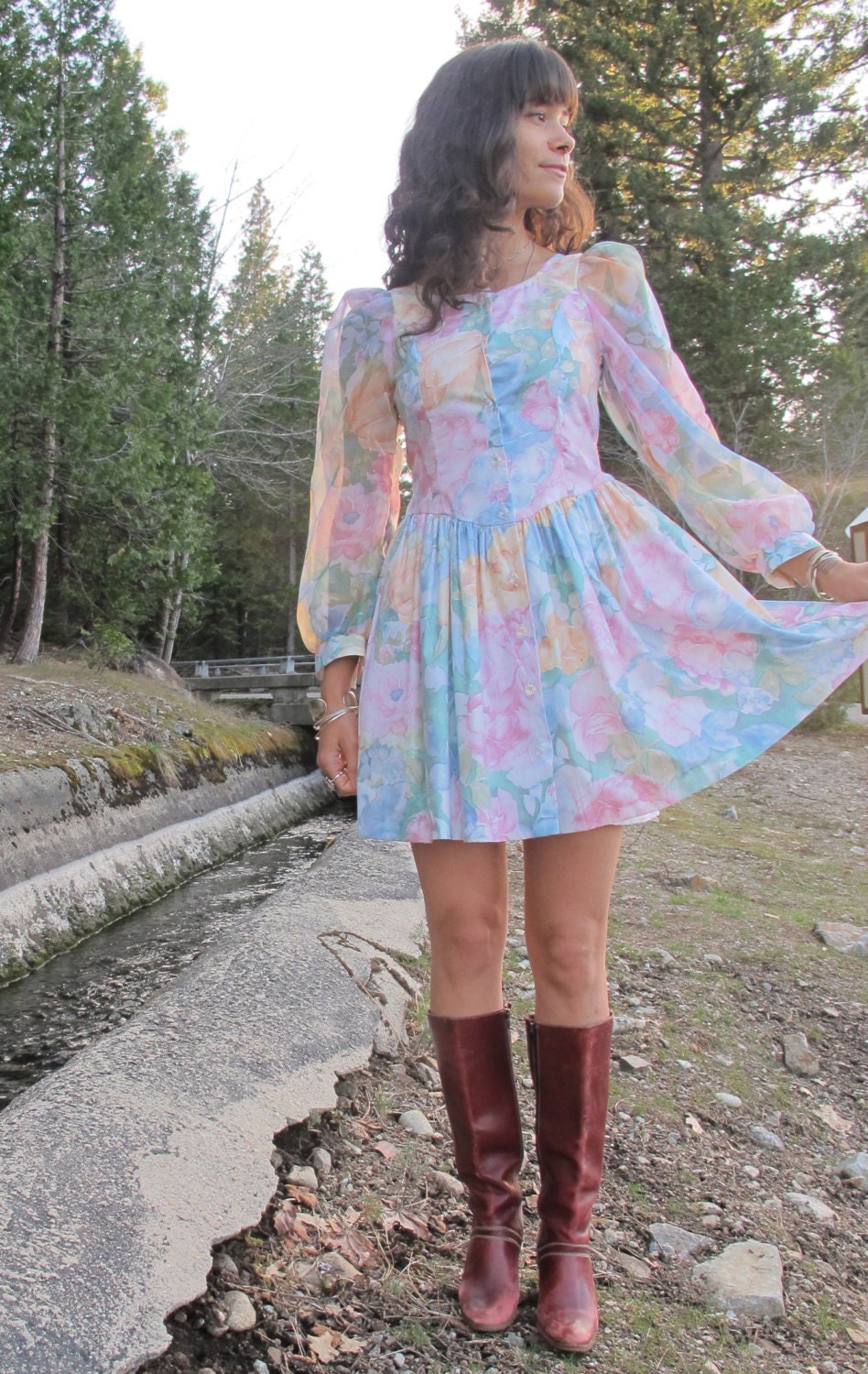 80s Pastel Floral Mini Dress with Sheer Sleeves