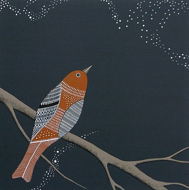star watching bird 1 // original night painting on woodblock by natasha newton