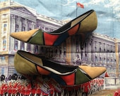 50's, 60's pointy suede and patent patchwork pumps. 9B 2A Heel.