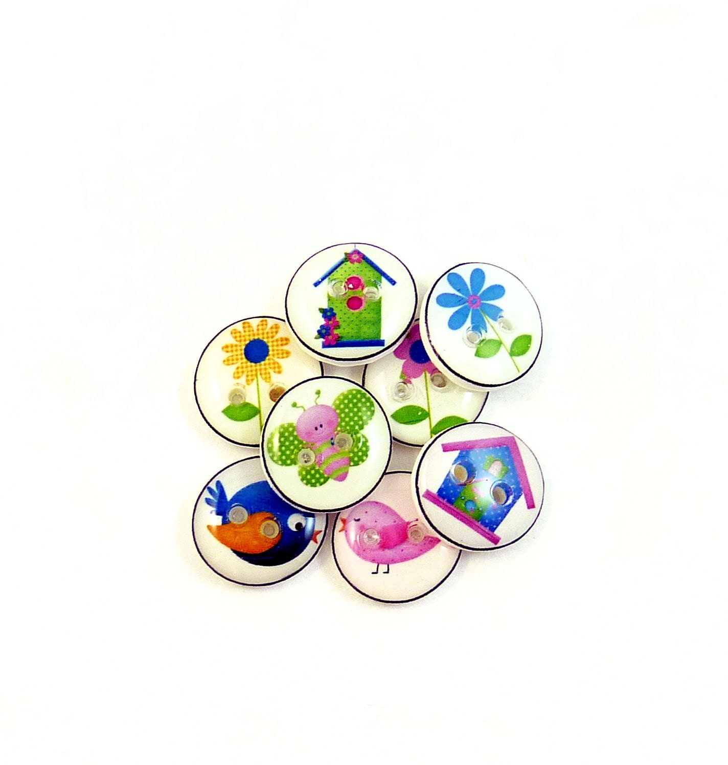 8 SMALL Handmade Buttons. Birds, Bird House and Flowers Sewing Buttons.