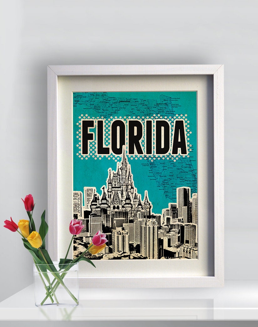 Florida Poster print Cityscape artwork  Mixed Media art on canvas Handmade Wall Decor typography print