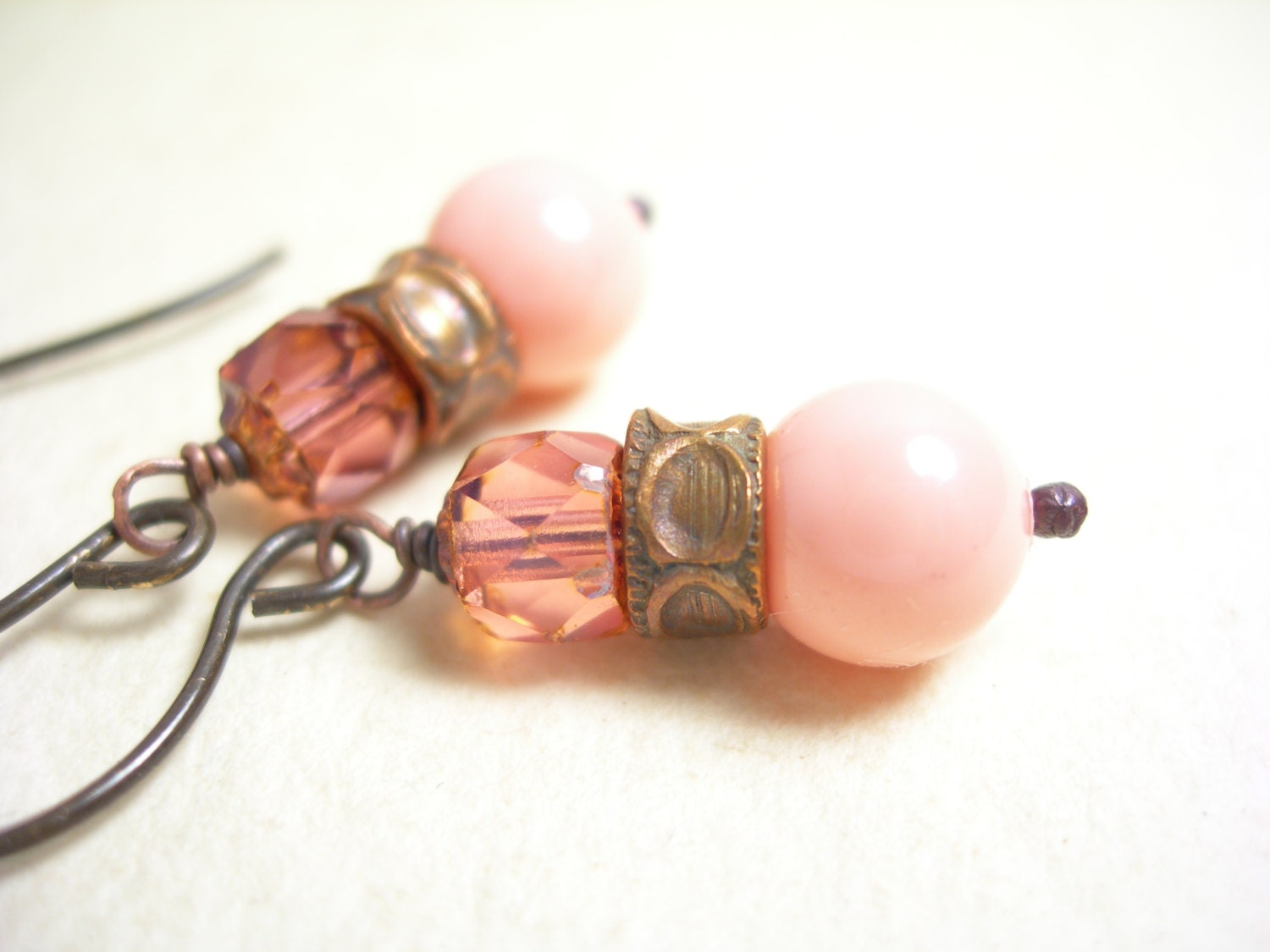 Coral pink earrings victorian rose glass pamelasjewelry