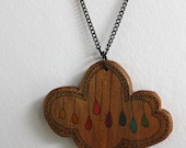 Illustrated Rainbow Cloud WoodPendant Necklace - Eco Handcrafted