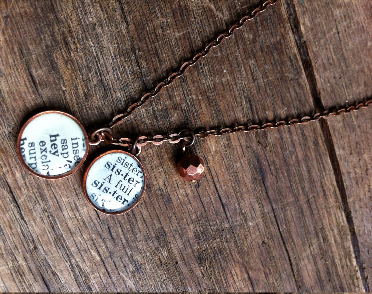 hey. sister. repurposed vintage dictionary word pendants duo necklace