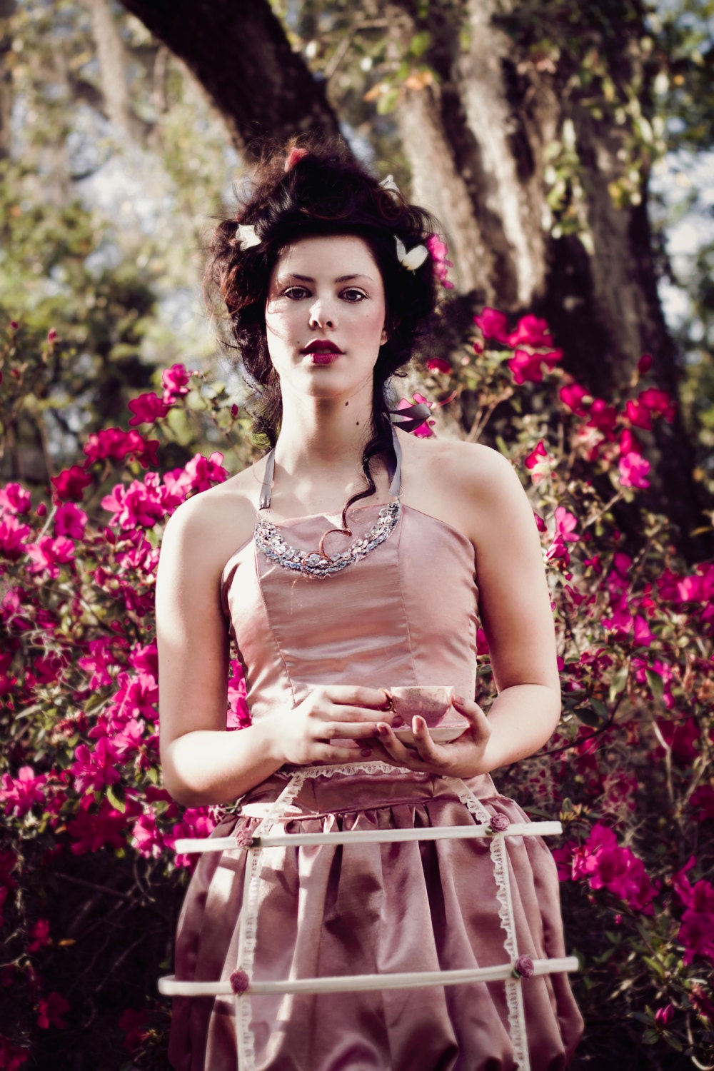 Marie Antoinette Inspired Brides Maid Dress-Mauve and Gray Dropwaist Bubble Halter Dress with Corset
