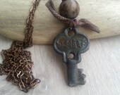 My Secret Key   necklace with ceramic key   poymer clay art bead  silk and brass