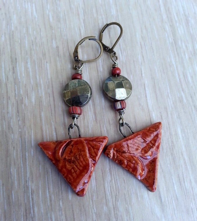 Butterfly Fragments Reborn earrings with Pyrite  ceramic and  handmade glass beads
