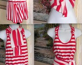 Vintage Cotton Romper Striped Playsuit Red White Cutaway Back Bonus Sash