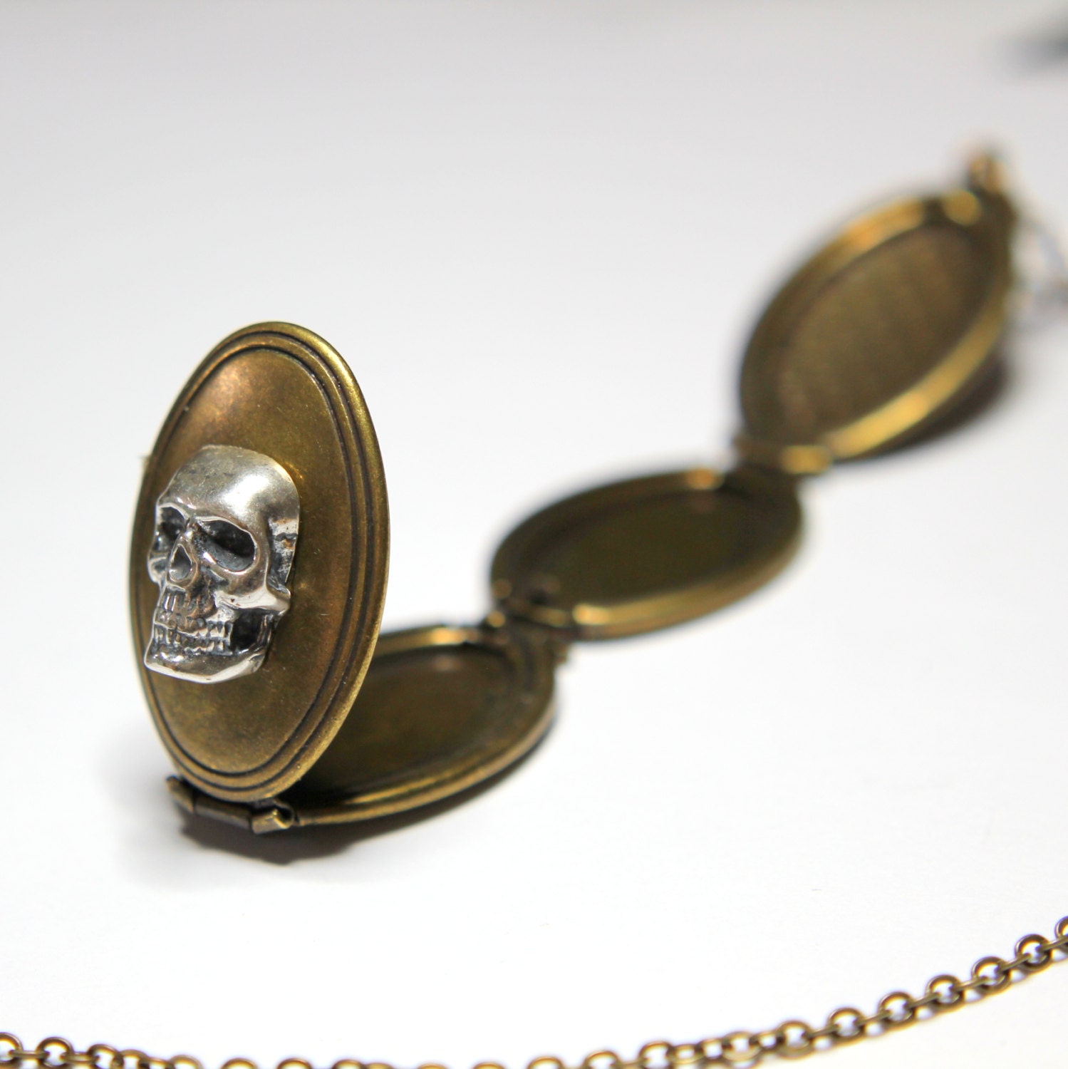 Sterling Silver Skull Double Locket Necklace Gothic Human Skull Locket