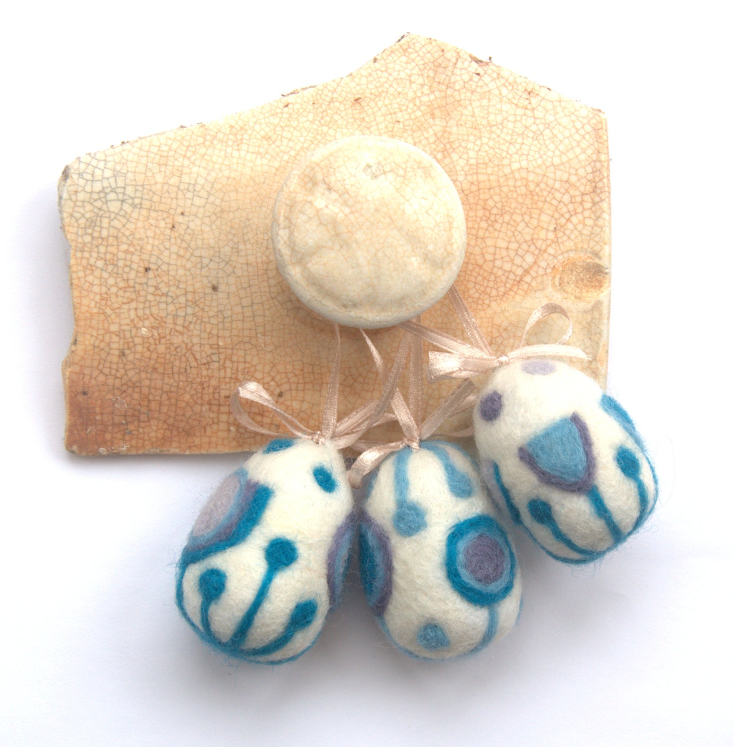 Felted Easter eggs modern white blue violet home decor 3 wool handmade ornaments decorations Mother's day children toy floral design