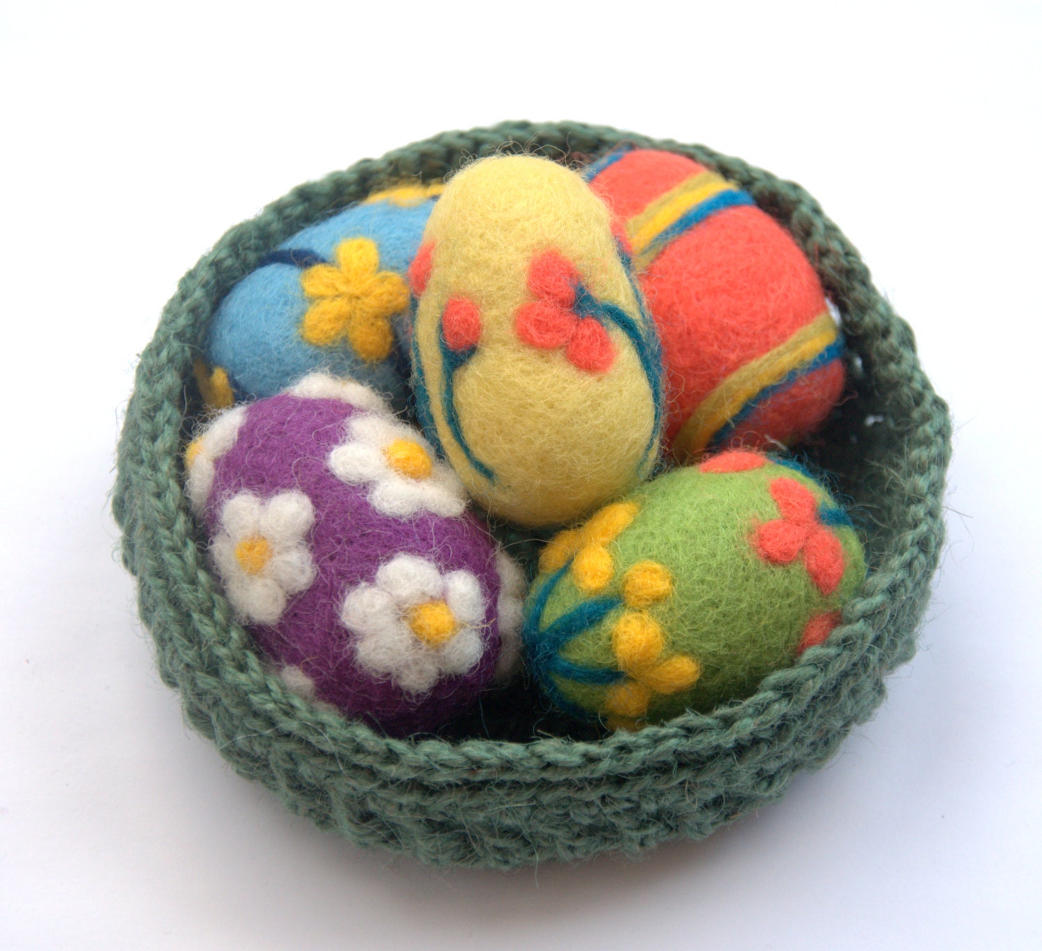 Easter decorations Felted eggs 5 wool handmade red blue yellow green purple ornaments decor waldorf children toy flowers