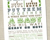 Baby Boy Shower Invitation - blue brown green words, boy boyish (DIY Printable Digital File OR Printed Cards)