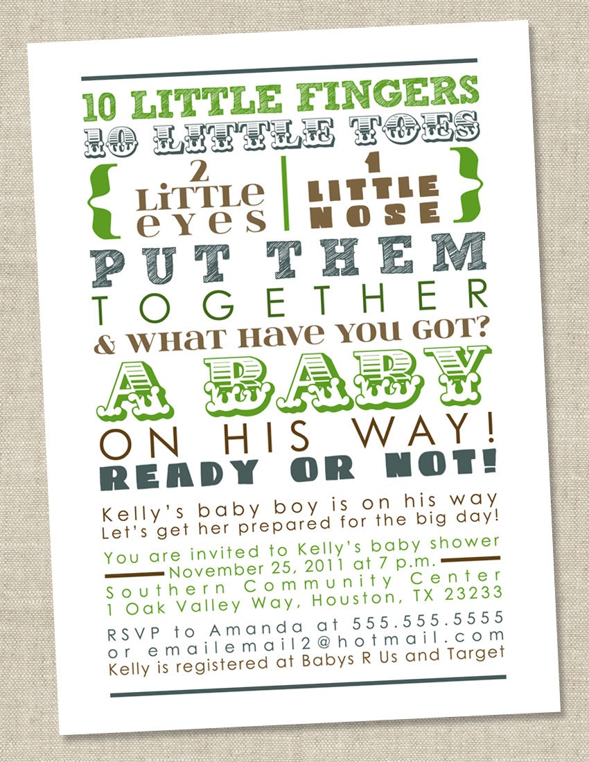 Baby Boy Shower Invitation - blue brown green words, boy boyish (DIY Printable Digital File OR Printed Cards)