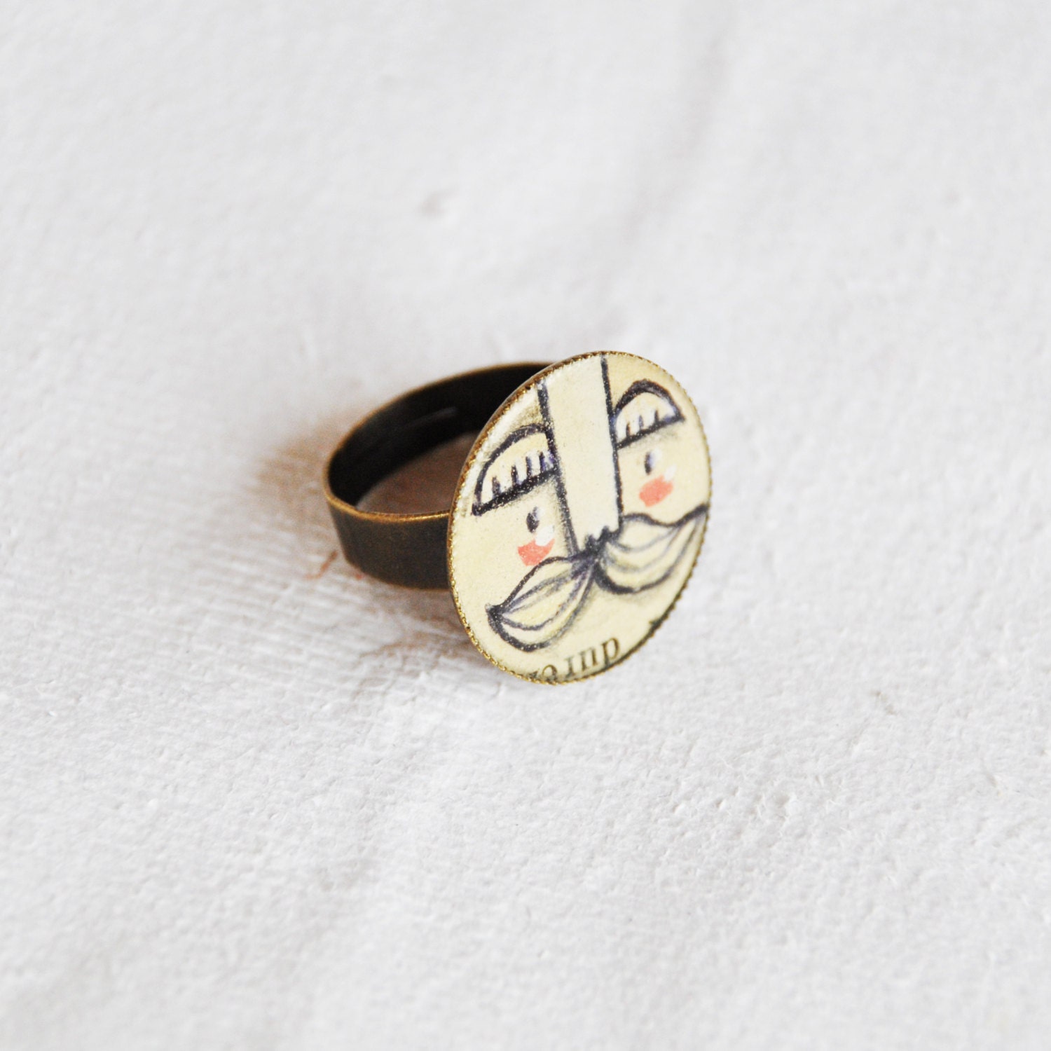 ring cream Round Adjustable Ring -Mustache man - bronze base, ooak illustration and resin