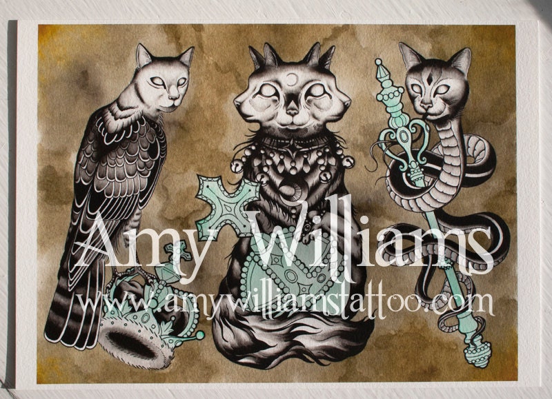 Cats Crown Orb and Sceptre Tattoo Art A4 Print