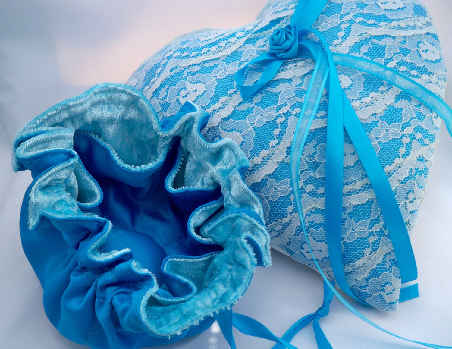 Wedding Party, Ring Bearer Pillow, Heart Shape, Lacey Layers, Turquoise, Satin, Bridesmaids Jewelry Pouches, Free bag