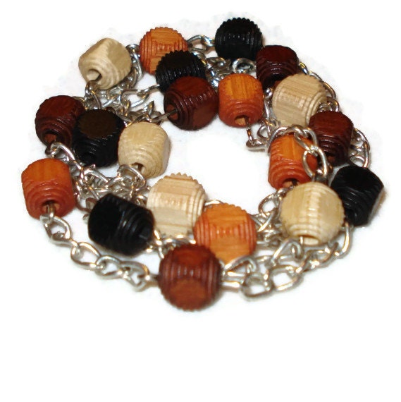 Wood Bead Necklace, Earthy Necklace, Carved Cube Necklace, Wooden Bead Necklace, Geometric Necklace, Natural Tan Brown Black  AS023