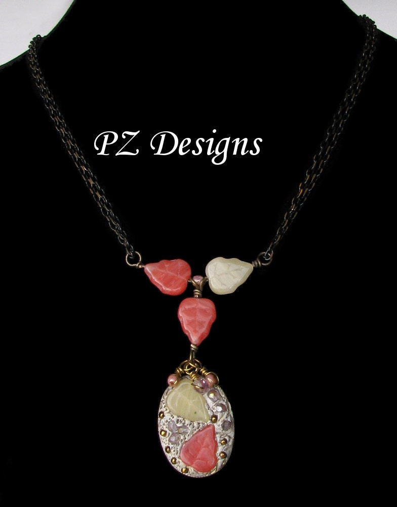Mini Garden Pendant - Leaves in Coral Orange & White Cream, Glass Beads, Brass Setting with Chain