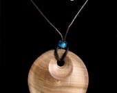 Butternut Wood Pendant on Leather Cord, Large (2.5 inches), Turned on Lathe, Teal Blue Beads