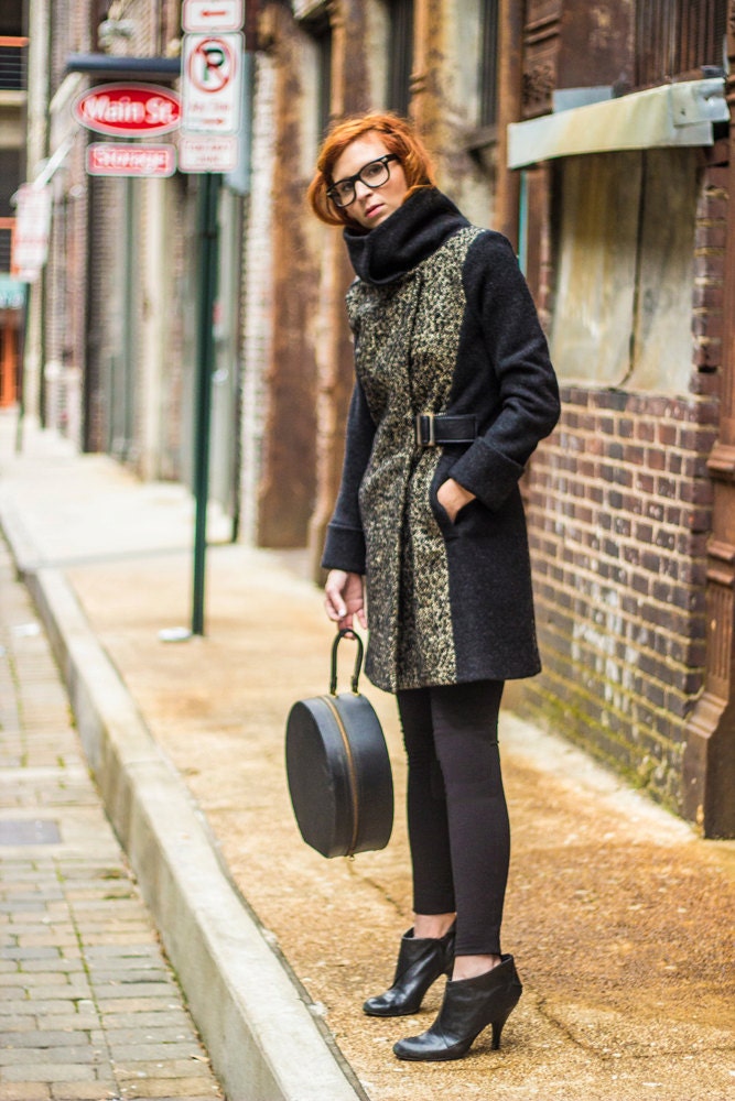 Women's cowl neck coat in Spot Alpaca and dark gray Italian virgin merino boiled wool, two tone coat