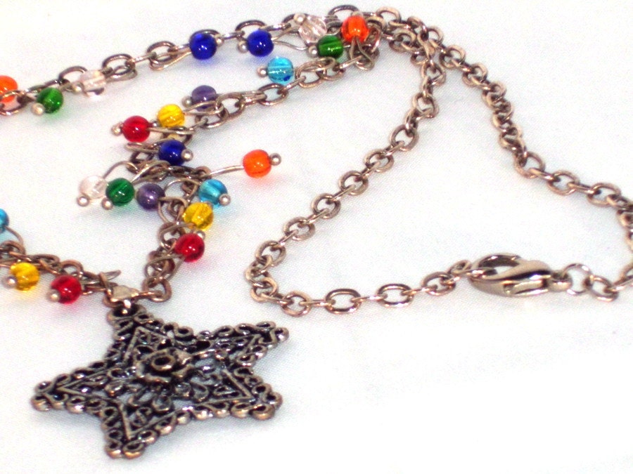 Filigree Silver Star Colorful Beads Necklace, 20 inches Long Adjustable to Choker