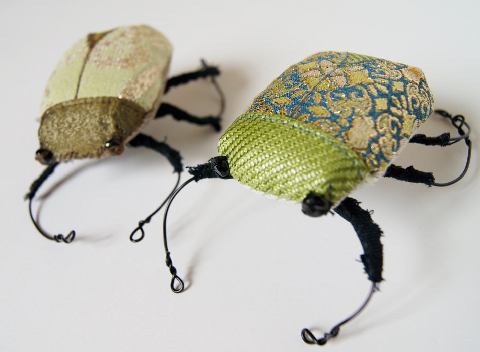 Soft Sculpture Jewel Beetle Green or Blue Vintage Fabrics