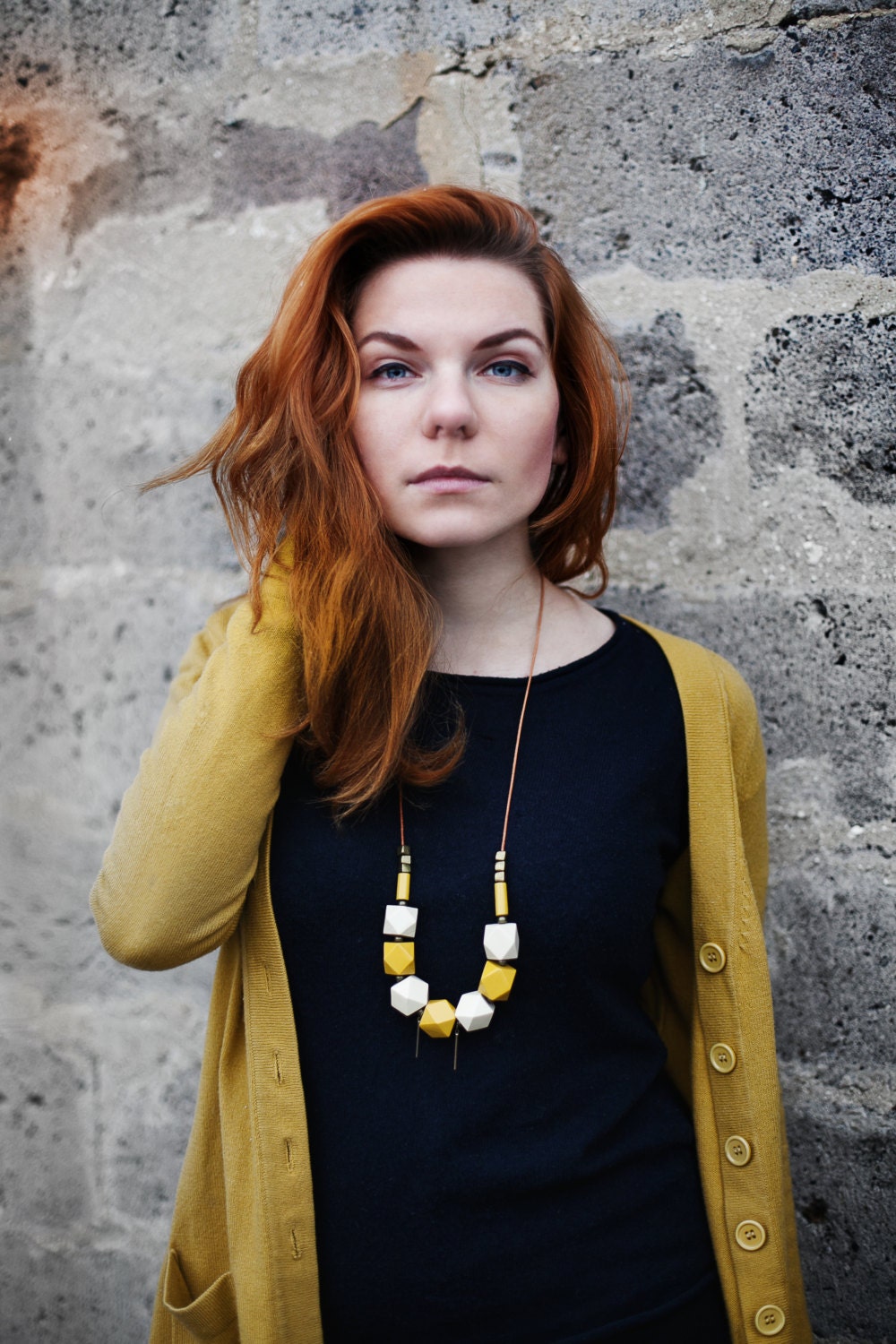 Statement Necklace / Boho Necklace / Wooden Brass Necklace/ Mustard Yellow Creamy White Brass Necklace