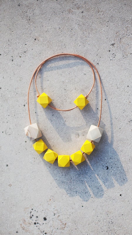 Geometric Necklace / Geometric Jewelry / Wooden Necklace/ Lemon Yellow Beige Necklace