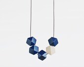 Geometric Necklace / Geometric Jewelry  / Wooden Necklace/ Navy Blue - White
