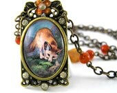 Fox Necklace, Antiqued Metal Pendant, Orange Jewelry, Red Fox, Spring Jewelry, Animal Pendant, Nature Jewelry