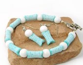 Etched Aqua Pillow Jewelry Set, Vintage Beaded Bracelet, Pastel, Baby Blue, Dangle Earrings, Antiqued Silver, Simple Jewelry, Elegant, CUte