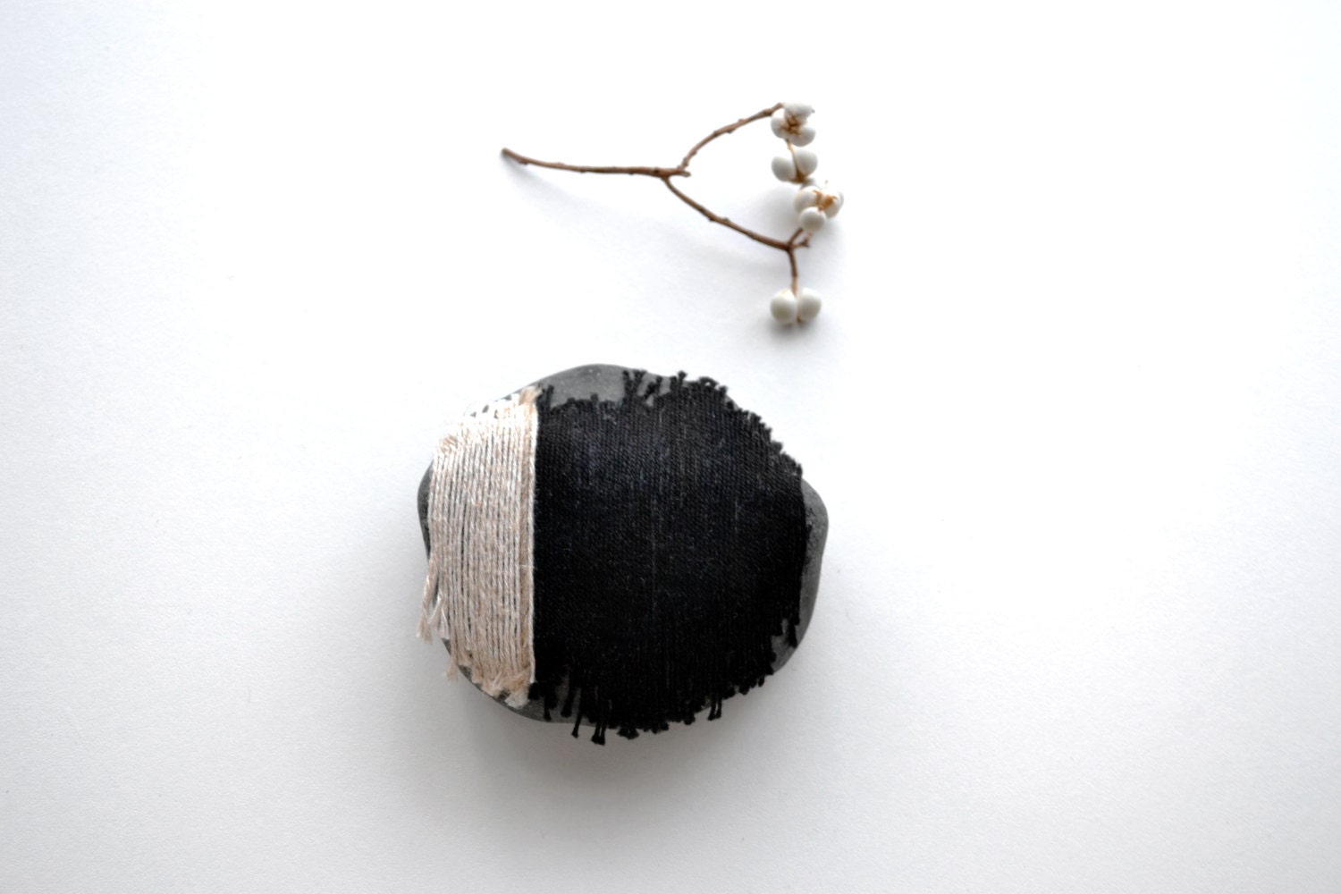 home decor, recycled fiber art stone from organic linen and cotton in beige and black, collectible item, handmade original art, table decor