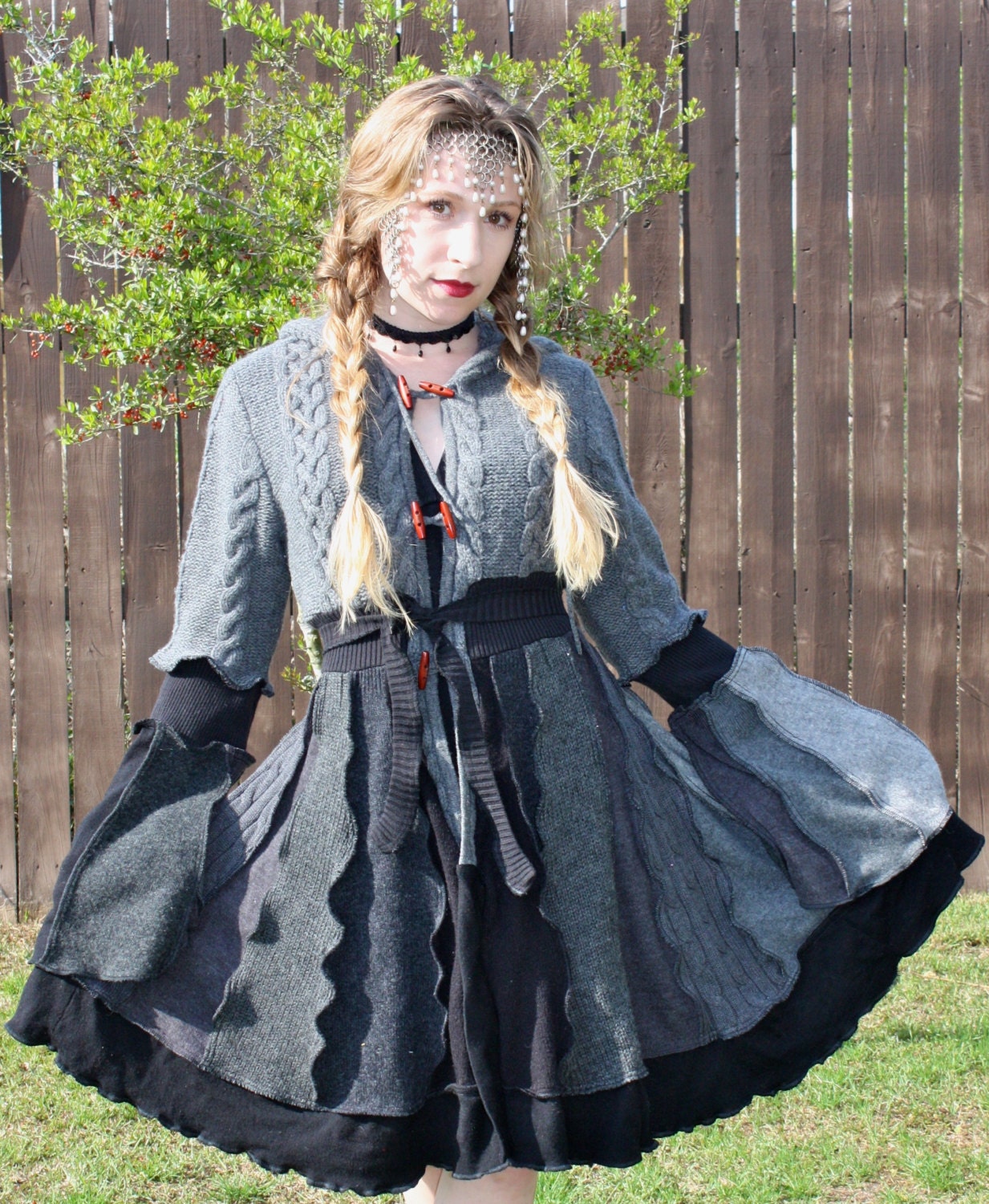 Sale- Recycled Sweater Coat with a Medieval Liripipe Hood and Bell Sleeves by SnugglePants- Greyscale- READY TO SHIP