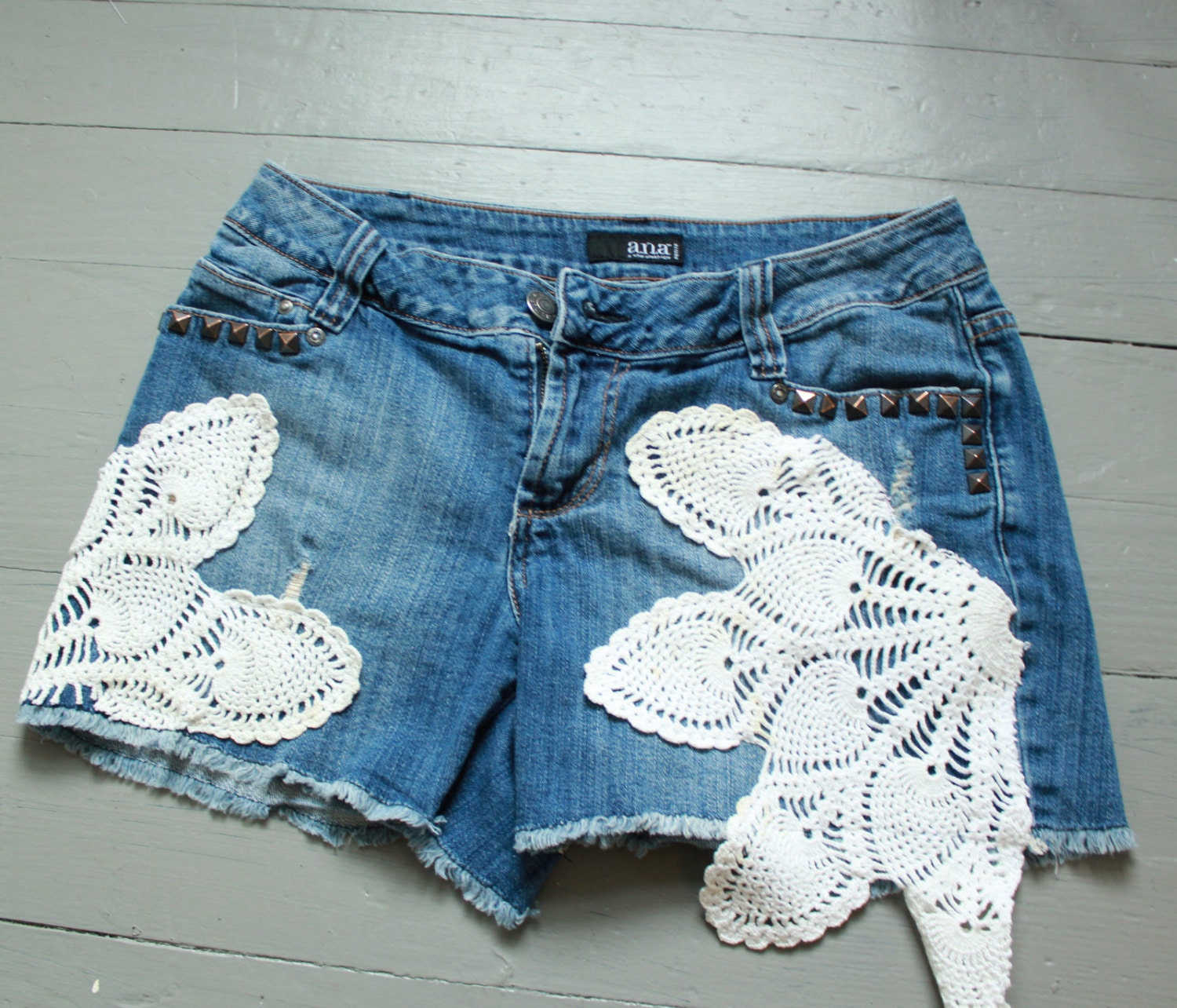 Crochet Doily Denim Fringe Studded Upcycled Recycled Cut Off Shorts Size 8 Festival Hippie Bohemian By MountainGirlClothing