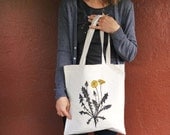 One Dandelion tote bag, natural unbleached cotton, eco friendly, screenprint with yellow and dark grey ink, garden flower summer design