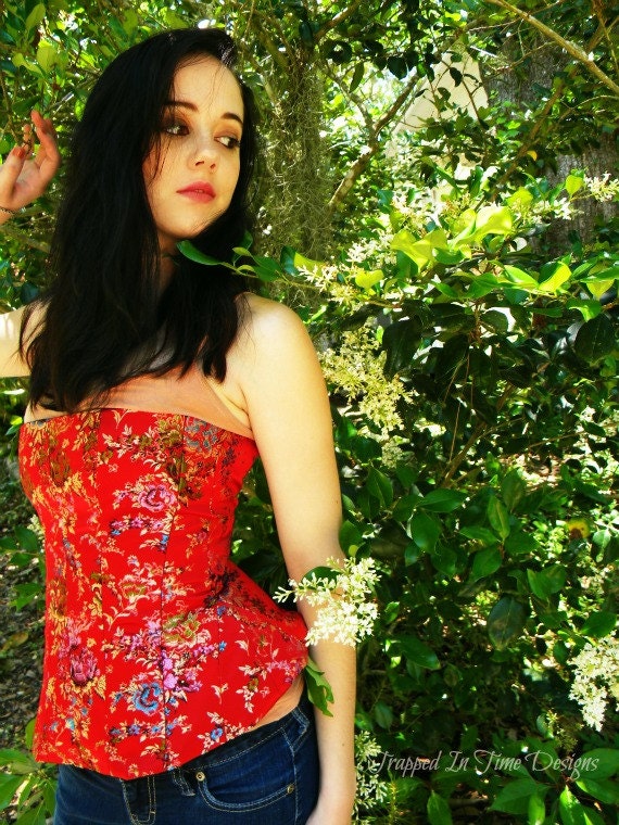 Bustier Corset, Red Bustier, Brocade Corset,  Floral Brocade Bustier,  Corset