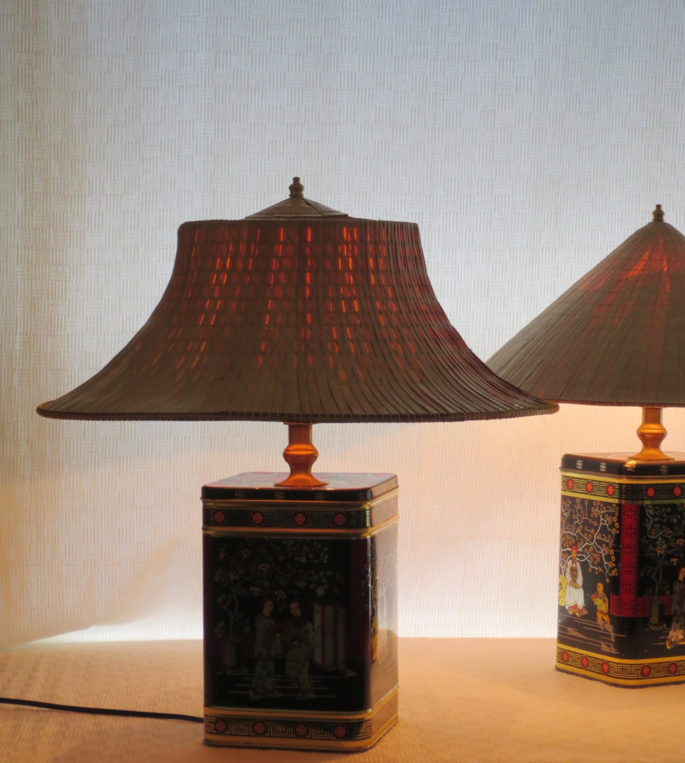 Fortune Cookies - pair of tin table lamps with shades