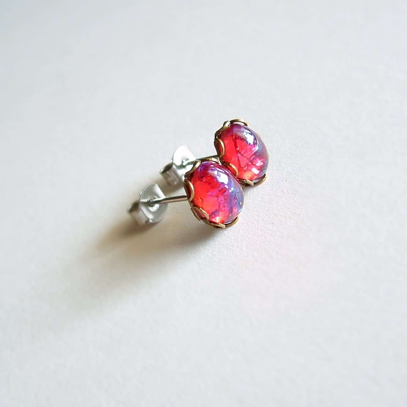 Tiny Dragons Breath Post Earrings Small Vintage Glass Mexican Opal Studs Hypoallergenic Iridescent Red