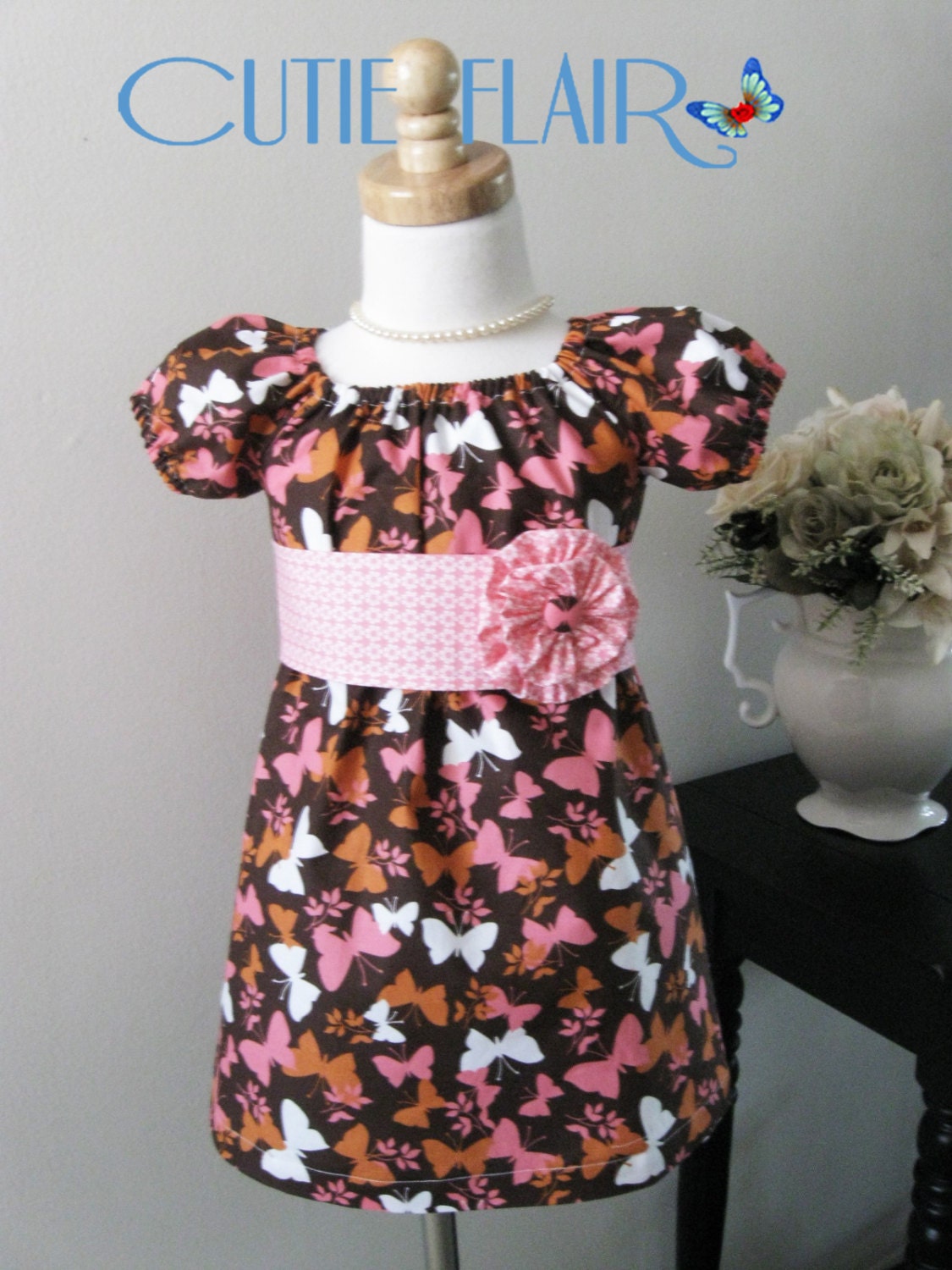 Girls Peasant Dress, Pink and Brown Butterflies,  boutique style, toddlers, tunic, sundress, bithday, spring dress- Size 2T - READY TO SHIP