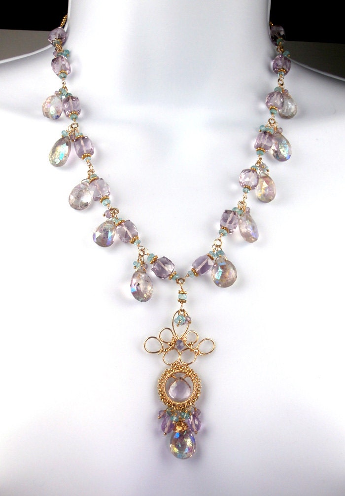 SALE - 50% OFF -Pink Amethyst Necklace Wire Wrapped Gemstone Apatite Gold Dangle Statement Necklace Wedding Luxury Fashion
