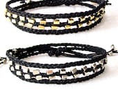 Braided Cotton Cord with Brass Triple Wrap Bracelet - Gold, Silver, Black - Set of 2