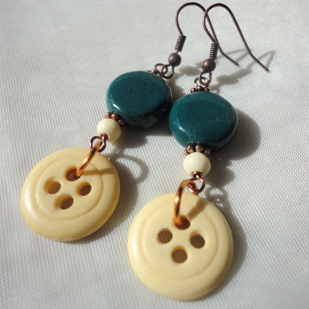 Bead & Button Earrings: Wooden Vintage Buttons with Hand-Painted Teal Ceramic Beads on Copper Wire