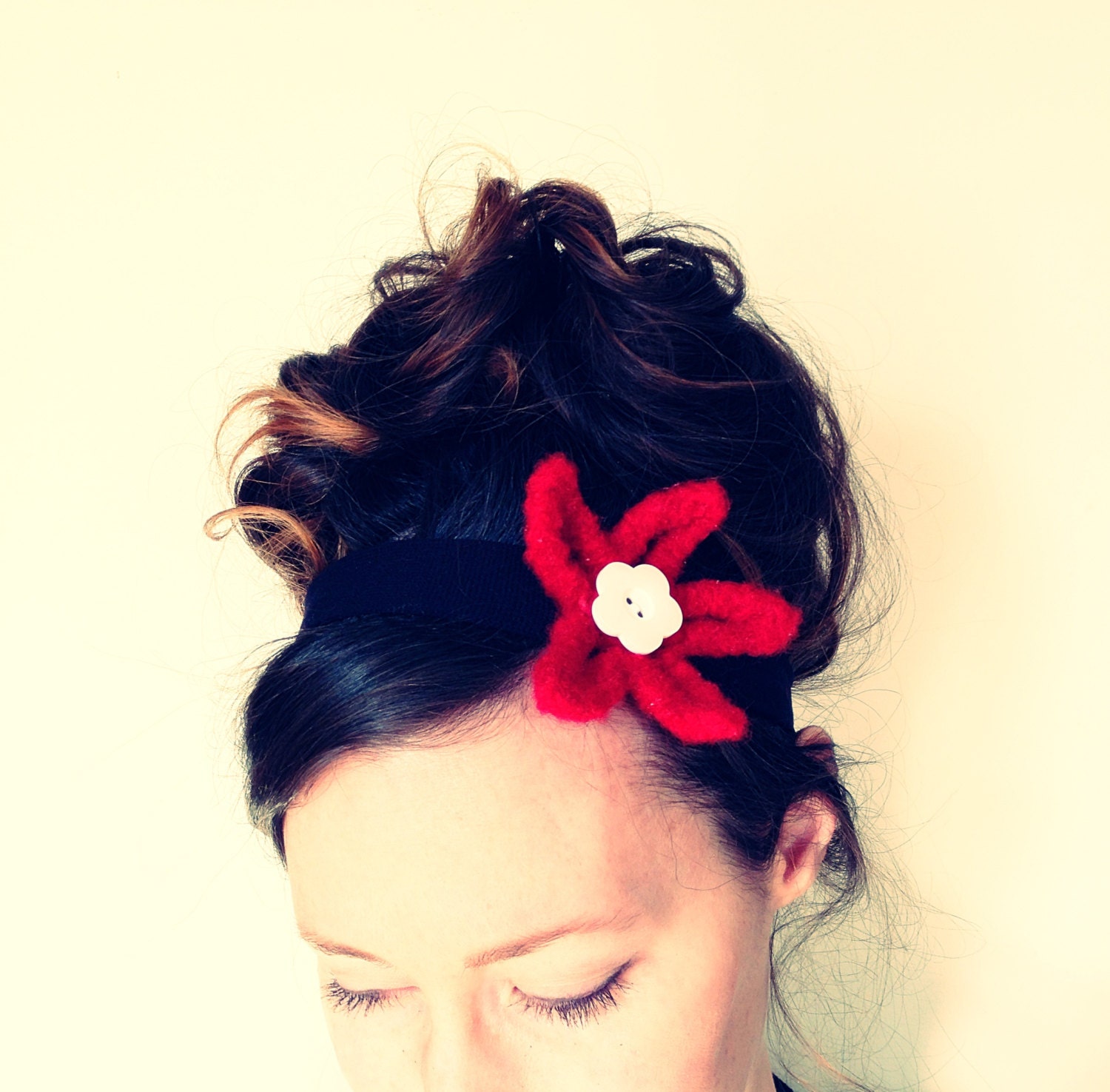 Hepburn HEADBAND - Ages 2 to Adult, Black Band, Timeless Red Wool Felt Flower, White Button, Stretchy, Comfortable, Glam, Yarnival.