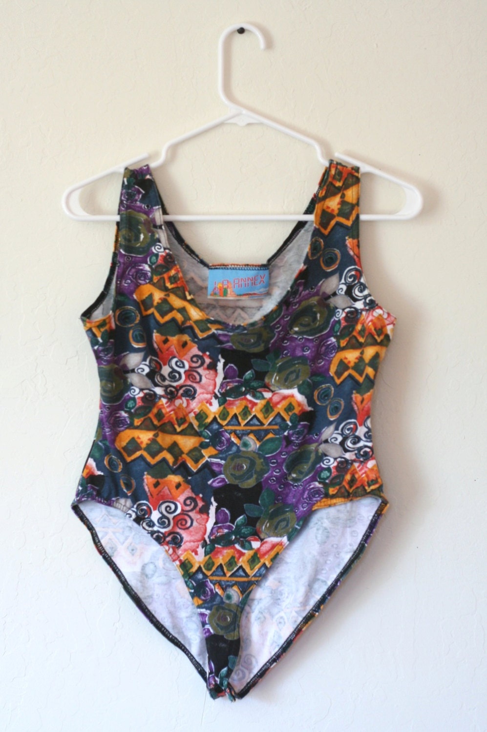 Multicolor Print Leotard Body Suit Stretch Purple Orange 80s Small