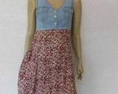 Vintage Grunge Dress, 80's Denim & Floral Print Bohemian Grunge Mini Dress