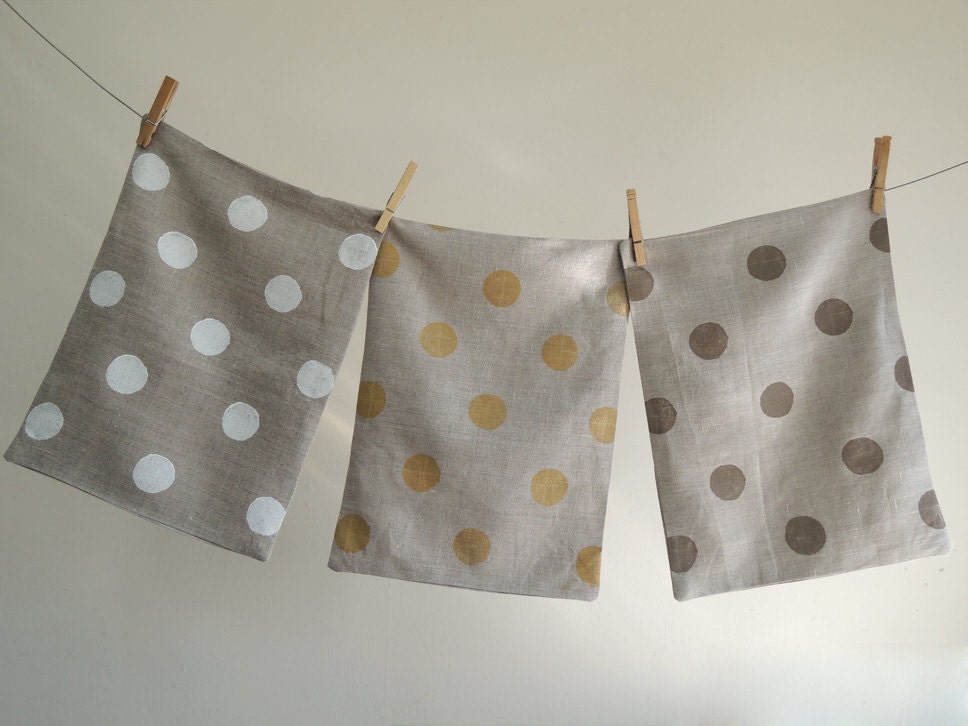 Polka Dot Hand Printed Natural Gray Linen Pillow Case your choice of color 12 x 16
