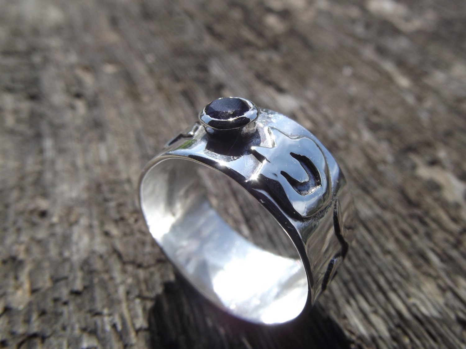 Silver Wide Band Ring, Wedding Ring With Applied Flowers And Amethyst
