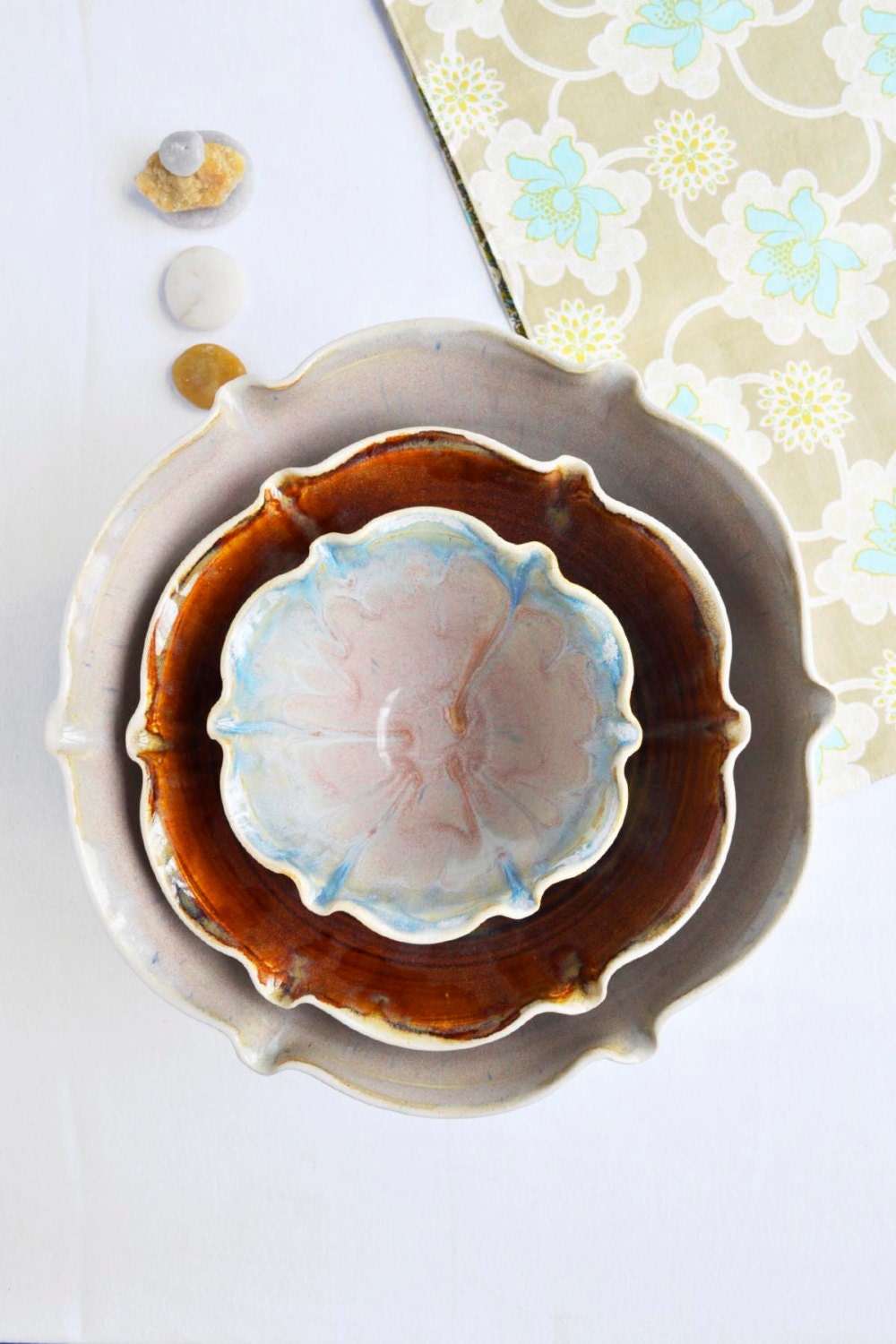 minimalist ceramic bowls nesting bowl set of 3  flower shape handmade serving bowls River Journey