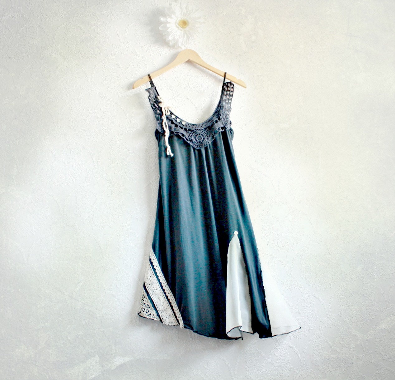 Dark Gray Summer Dress Bohemian Clothing Reconstructed Eco Friendly Clothes Lace Accent Gypsy Dress Small Medium 'WYNN'