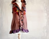 Brown Hooded Vest Upcycled Boho Top Velvet Patchwork Hippie Clothes Woodland Style Women's Clothing Reconstructed Large 'SIMONE'